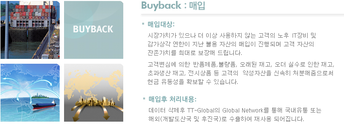 Buyback : 매입 매입:시장가치는 있으나 더 이상 사용하지 않는 고객의 노후 IT장비 및 
불용 자산의 매입하여 고객 자산의 잔존가치를 최대로 보장해 드립니다. 
매입 후에는 데이터를 안전하게 삭제하고 자사의 글로벌 네트워크를 통해 국내유통 또는 해외로 수출하여 재사용 되어집니다. 매입대상 : 고장 난 컴퓨터 , 일부 부속이 제거된 작동 불능 컴퓨터 ,
작동은 되지만 사용하지 않는 컴퓨터 , 사용기한을 초과한 컴퓨터 , 
오래돼서 사용하지 않는 컴퓨터 , 노후 전산장비
(서버, 복합기, 노트북, 워크스테이션)
